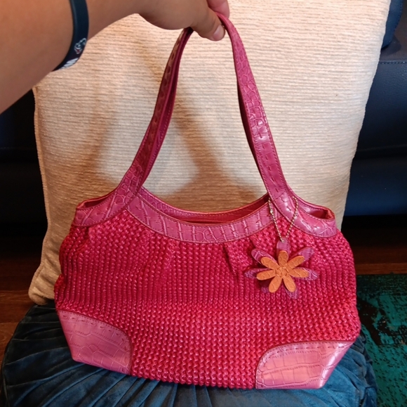 Stone Mountain PINK Handbag PURSE Faux Reptile & Woven Satchel Pocketbook BAG - Picture 1 of 4